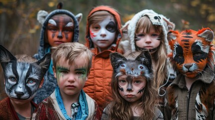 A group of children are dressed up in animal masks and costumes