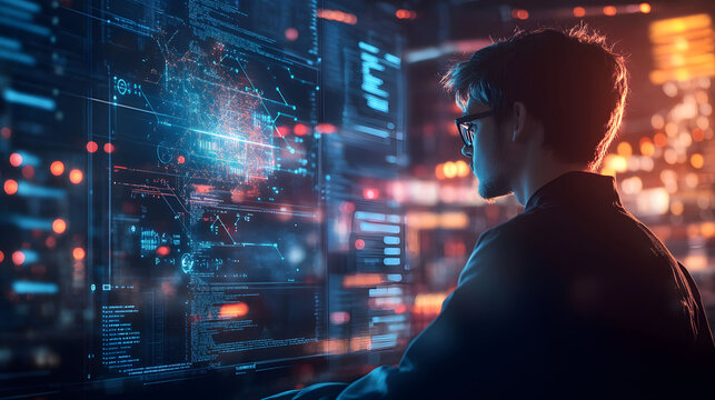 Programmer crafting innovative machine learning algorithms, immersed in code, focused on solving complex problems, technology-driven environment