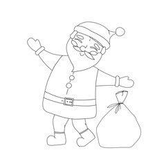 Jolly Santa Claus with a sack of presents. Illustration without colour. Colouring. Doodle style. Vector 