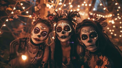 Three women dressed in Halloween costumes with fake skulls on their faces
