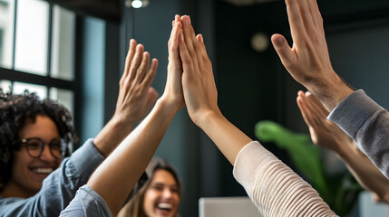 Startup team joyfully celebrating project success with high-fives, vibrant energy, teamwork, shared accomplishments, enthusiasm in the air