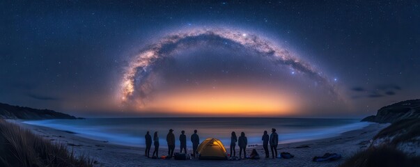 Group of friends camping by the beach, staring up at the Milky Way lighting up the night sky above the ocean, Friends under stars, Milky Way over water