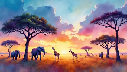 Sunset Serengeti with Elephants and Giraffes in Vibrant Colors Under Acacia Trees
