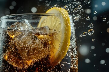 A cold glass of cola with ice cubes and a slice of lemon, bubbles rising to the surface