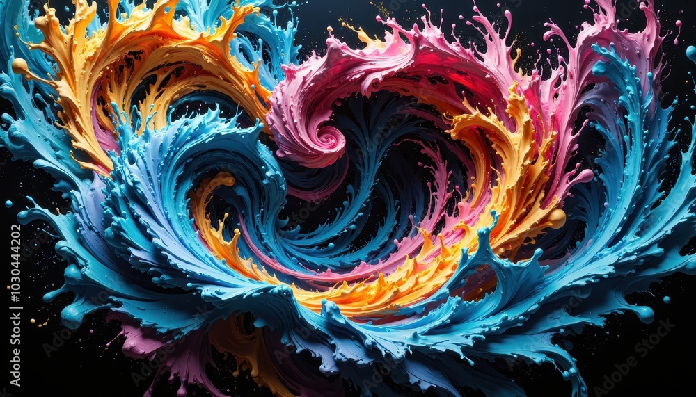 Poster abstract swirling vortex of colorful paint mixing in water, creating dynamic movement