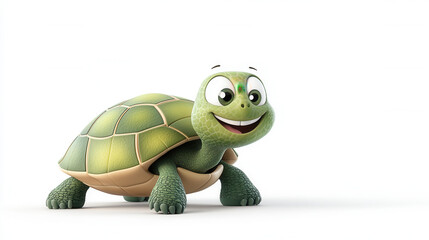 cheerful cartoon style turtle slowly crawls with friendly expression, showcasing its vibrant green shell and playful demeanor. This delightful character embodies sense of joy and curiosity