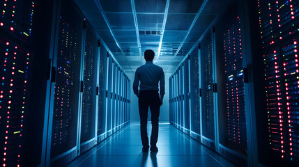 IT professional overseeing server operations, optimizing cloud services, ensuring data security, enhancing system performance, data center management