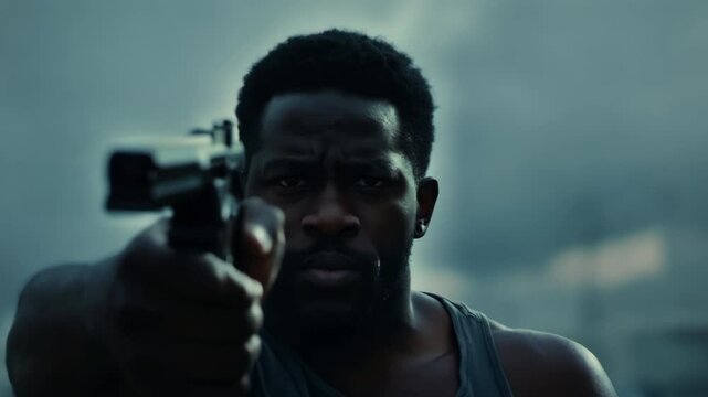 Dangerous african american man stands aiming handgun at camera. Criminal guy threatens with gun in dark gritty urban alley. Thief with weapon. Terrible bad Hired Killer. Terrifying assassin takes aim.