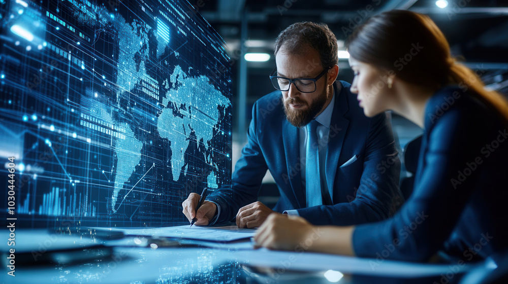 Poster in modern office setting, man and woman are collaborating on contract while analyzing data displayed