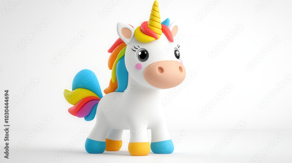 Poster cheerful 3d cartoon unicorn with colorful mane and friendly expression stands proudly. this whimsica