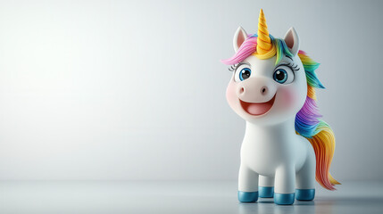 cheerful 3D cartoon unicorn with vibrant rainbow mane and joyful expression stands against light background, radiating happiness and whimsy