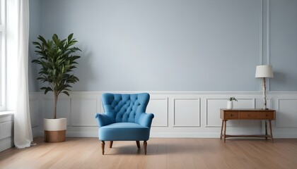 A tufted blue armchair in a minimalist room with white walls and a wooden floor.