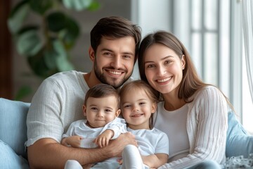 Obraz premium Heartwarming family portrait of parents with their two children symbolizing love care and affection in a soft natural setting with gentle warm lighting