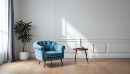 A tufted blue armchair in a minimalist room with white walls and a wooden floor.