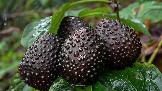 Black sapote fruits with water droplets after a rainfall