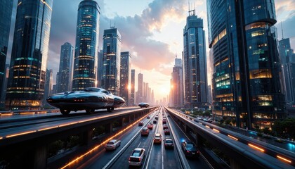 Fototapeta premium Futuristic Digital Cityscape with Hovering Vehicles and Transparent Skyscrapers at Dawn