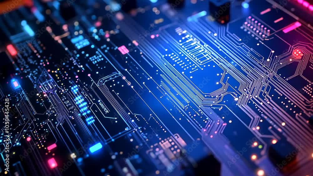 Aufkleber a close-up of a circuit board with glowing blue and red lights, showcasing the intricate pathways of