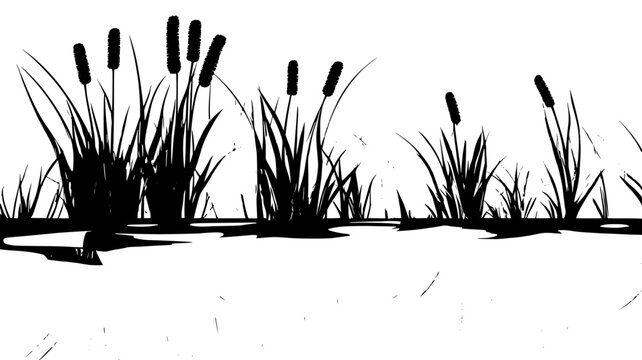 Cattails along the edge of a pond with reflections in the water, vector illustration art