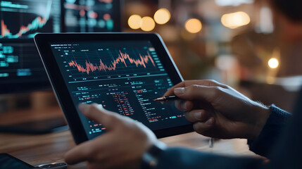 Businessperson reviewing financial data and cryptocurrency trends on a tablet, focused analysis and strategic decision-making in a modern workspace
