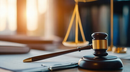 gavel rests on desk beside legal documents, symbolizing justice and law. warm light enhances scene, creating professional atmosphere for legal proceedings