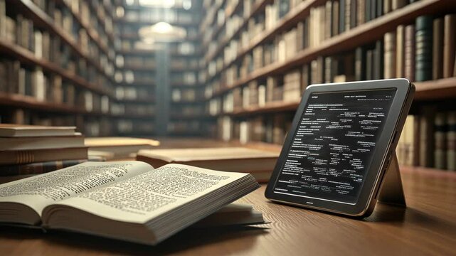 A tablet and a book rest on a table in a library filled with bookshelves
