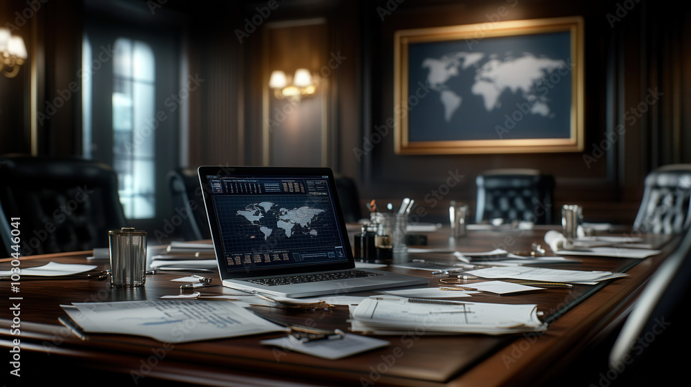 Poster negotiation room with laptop displaying world map, surrounded by papers and contracts, creates profe