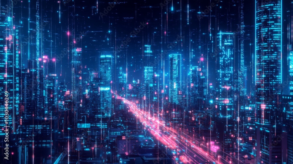 Poster the skyline showcases tall buildings glowing with neon colors, while colorful lights streak by on a 