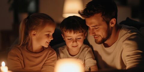A father enjoying quality time with his children, creating warm memories by candlelight during a cozy evening.