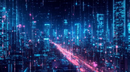 Fototapeta premium The skyline showcases tall buildings glowing with neon colors, while colorful lights streak by on a busy road below. It captures the essence of a bustling, tech-driven metropolis at night.