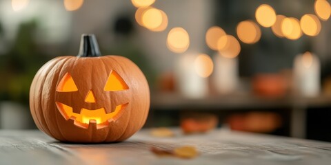 A glowing jack-o'-lantern sits on a table, surrounded by warm lights, creating an inviting Halloween atmosphere.