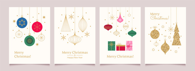 Merry Christmas and Happy New Year Set of greeting cards, posters, holiday backgrounds.