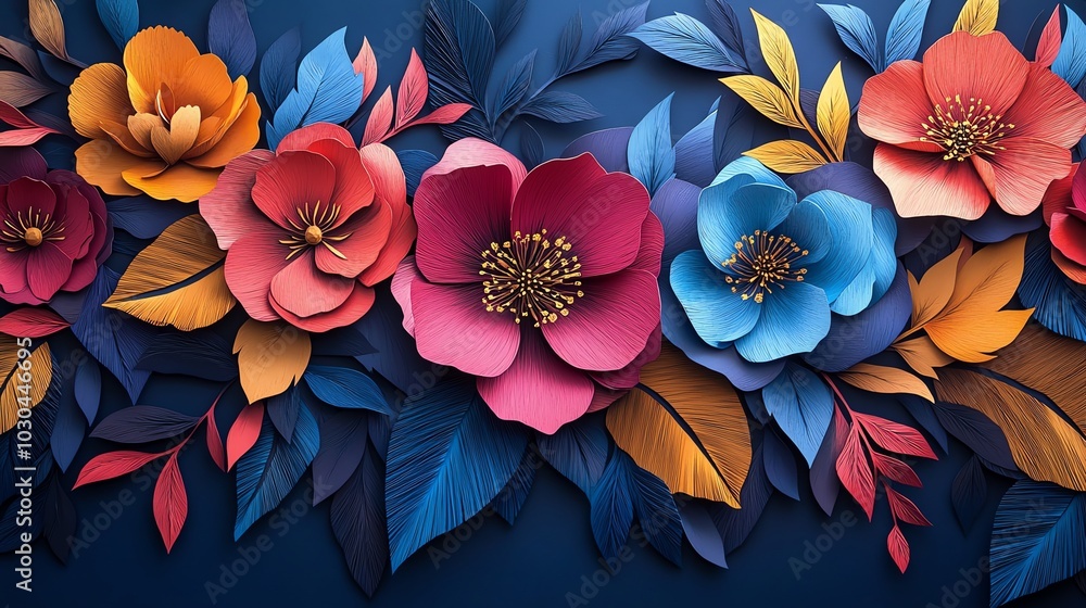 Poster layered paper cut floral pattern with intricate petals and overlapping layers, creating a vibrant wa