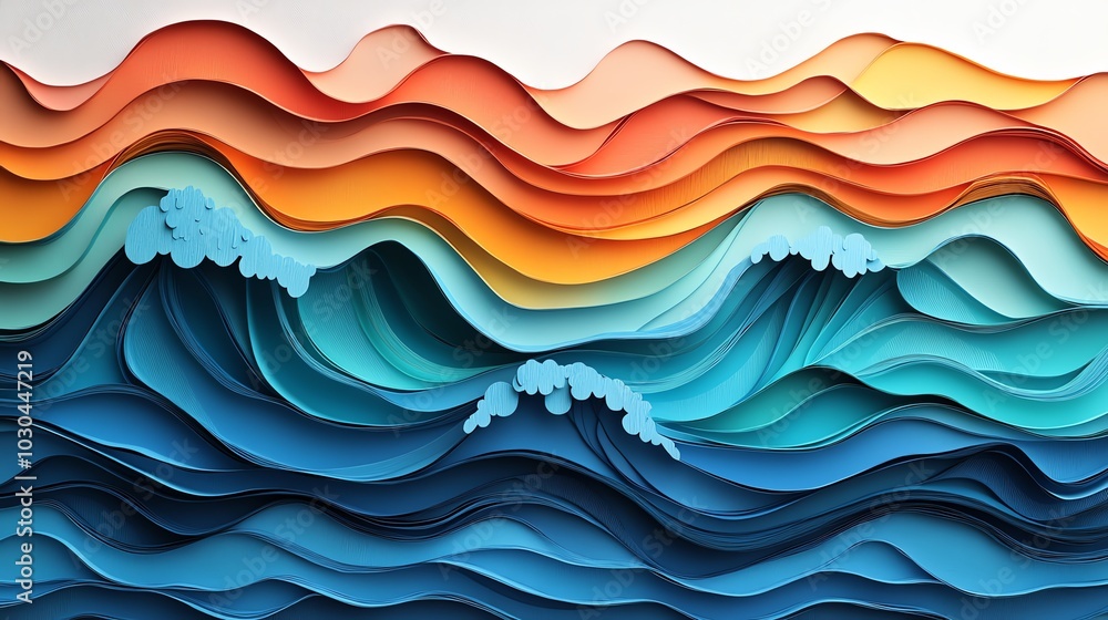 Poster paper cut wave pattern with layered curves and overlapping colors, forming a fluid oceaninspired des