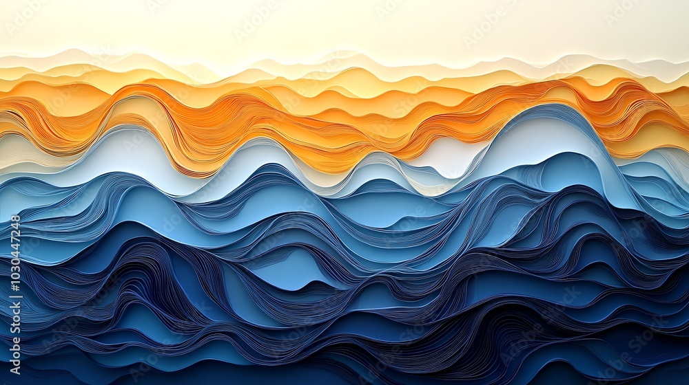Poster paper cut wave pattern with layered curves and overlapping colors, forming a fluid oceaninspired des