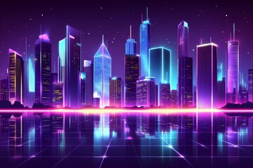 Futuristic Neon Cityscape at Night with Reflective Surfaces and Starry Sky
