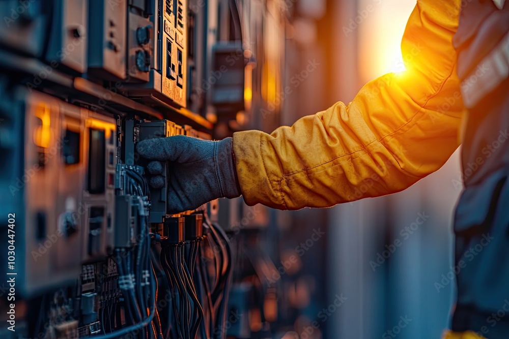 Aufkleber electrician working on control panel. this image depicts an electrician working on a complex control