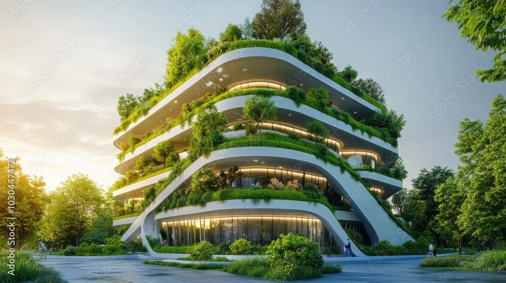 Aufkleber A modern, multi-story building with a curved facade is covered in lush greenery. Trees and bushes surround the building, creating a tranquil park-like setting