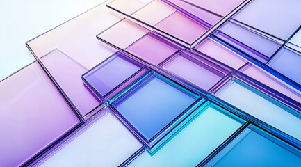 Overlap translucent glass panels in purple, blue and pink hues. In 3D style. Geometric abstract concept. For background and modern interior design. 