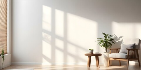 A minimalist living room with a wooden side table and a potted plant, with soft natural light streaming in through the window.