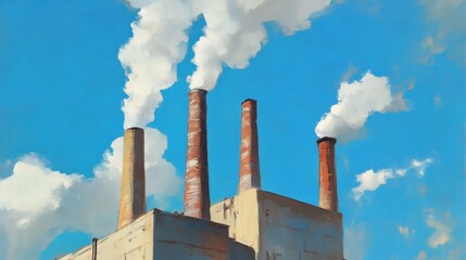 Industrial chimneys emitting smoke against clear blue sky