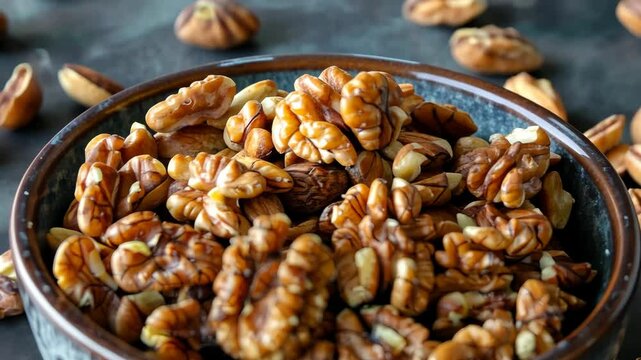 A bowl of pecan halves sits on a dark surface