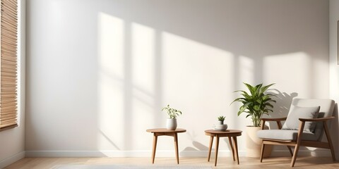 A minimalist living room with a wooden side table and a potted plant, with soft natural light streaming in through the window.