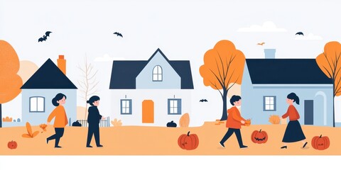 Fototapeta premium A vibrant autumn scene featuring colorful trees, pumpkins, and families walking in a quaint neighborhood, embracing the seasonal charm.