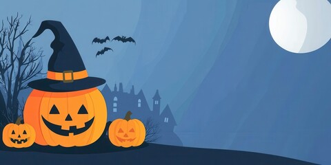 A whimsical Halloween scene featuring spooky pumpkins, a full moon, bats in the sky, and an eerie backdrop.