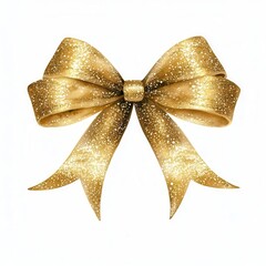 Golden glitter bow with shiny texture on white isolated background.