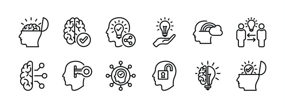 Open minded thin line icon set. Containing knowledge, inspiration, creative, idea, share, cognition, creativity, imagination, intellect, flexibility, acceptance, empathy, tolerance vector illustration