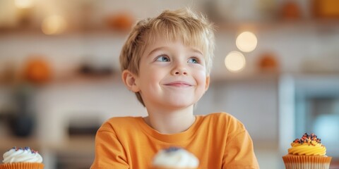 Cheerful boy enjoying cupcakes in a bright kitchen, showcasing joy and innocence of childhood moments.