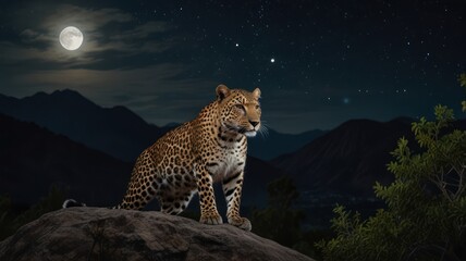 Obraz premium A majestic leopard sits on a rock in the moonlight, overlooking a mountain range.