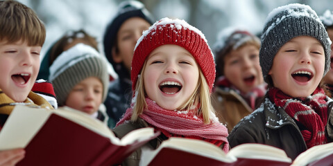 Cheerful children doing door-to-door carol singing on Christmas eve. Group of kids caroling on the street during festive holidays. Traditional Christmas activities.