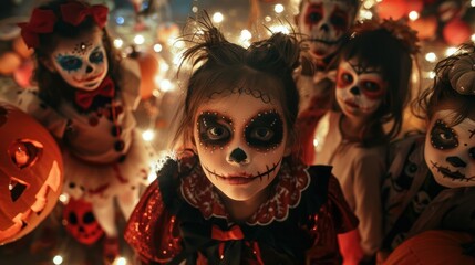 A group of children with Halloween makeup on their faces